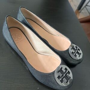Tory Burch Black Metallic Textured Flats Size 7